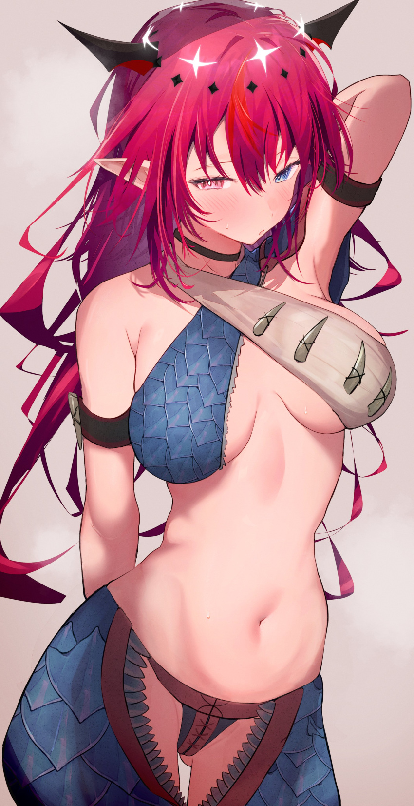 1girl absurdres alternate_costume arm_behind_head armband armpits blue_eyes blush breasts criss-cross_halter getto halterneck heterochromia highres hololive hololive_english horns irys_(hololive) large_breasts long_hair monster_hunter_(series) nargacuga_(armor) navel pointy_ears red_eyes red_hair revealing_clothes simple_background solo virtual_youtuber