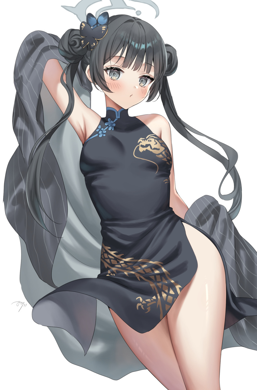 1girl bare_shoulders black_dress black_hair blue_archive blush braid braided_bun breasts butterfly_hair_ornament china_dress chinese_clothes coat double_bun dragon_print dress grey_eyes hair_bun hair_ornament halo highres kisaki_(blue_archive) long_hair looking_at_viewer oshage_(osyage921) pelvic_curtain solo striped_coat thighs