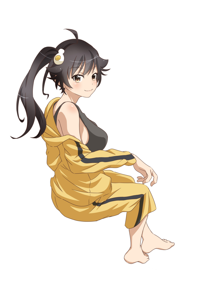 1girl absurdres araragi_karen bakemonogatari barefoot black_tank_top blush breasts brown_eyes closed_mouth hair_between_eyes highres jacket long_hair medium_breasts monogatari_(series) nishizuki_shino pants ponytail side_ponytail solo tank_top white_background yellow_jacket yellow_pants