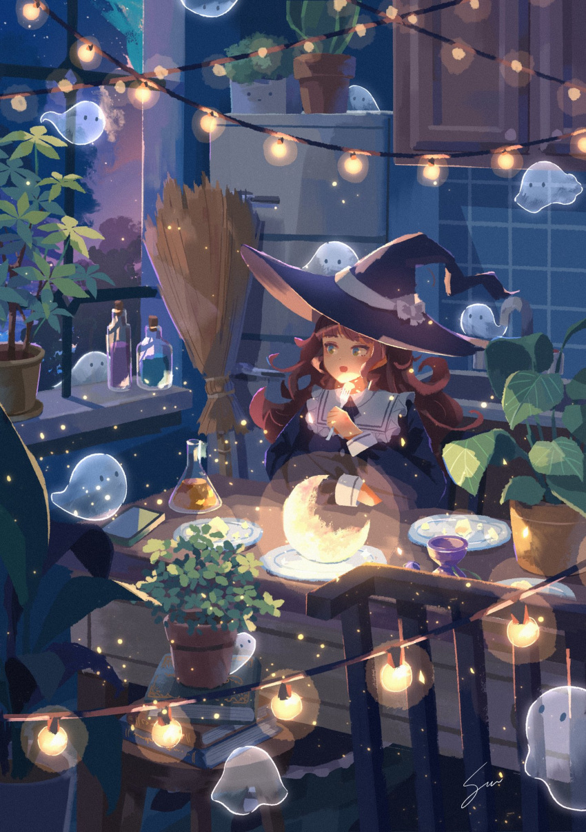 1girl atelier_umiyury broom brown_hair commentary dress eating flask fork ghost hat highres holding holding_fork indoors kitchen light_particles long_hair night open_mouth original plant plate potted_plant refrigerator shelf signature sink solo table window witch witch_hat