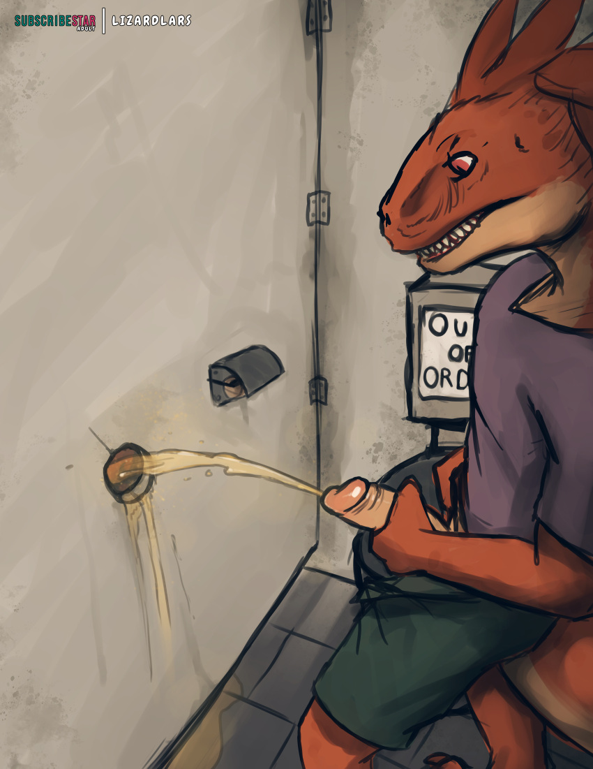 2024 absurd_res anthro bathroom biped bodily_fluids digital_media_(artwork) dinosaur dromaeosaurid erection genital_fluids genitals glory_hole hi_res humanoid_genitalia humanoid_penis lizardlars male orange_body peeing penis public_restroom raptorlars reptile restroom_stall scalie solo tan_body theropod toilet urine urine_stream watersports