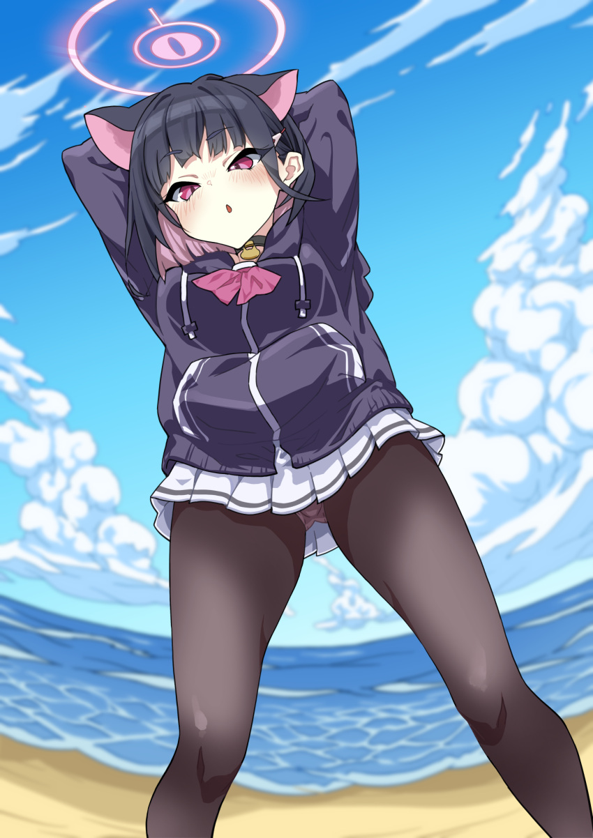 1girl animal_ears beach black_choker black_hair black_pantyhose blue_archive cat_ears choker colored_inner_hair highres hood hooded_jacket itikoroman jacket kazusa_(blue_archive) miniskirt multicolored_hair neckerchief outdoors pantyhose pink_eyes pink_hair pink_neckerchief pleated_skirt shoes short_hair skirt sky sneakers solo two-tone_hair white_skirt