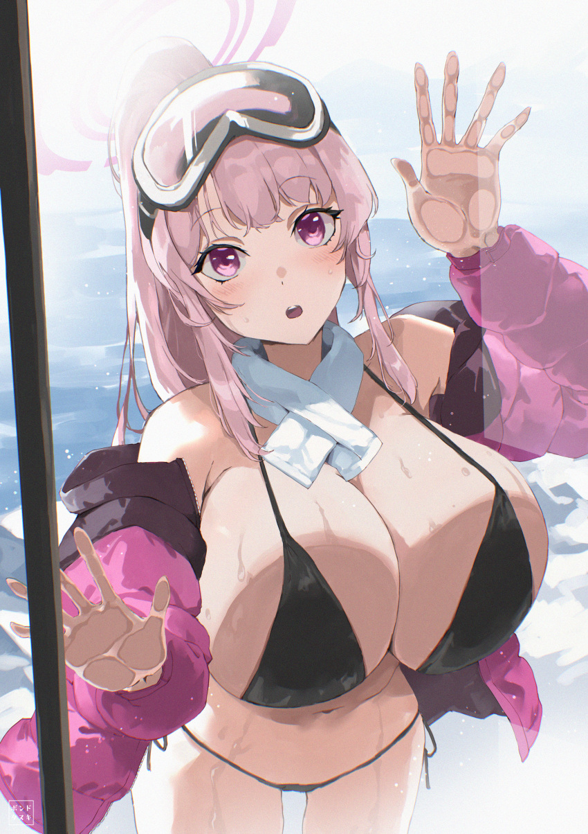 1girl :o absurdres against_glass artist_logo bare_shoulders bikini black_bikini blue_archive blush bondtanuki breasts chromatic_aberration cleavage commentary_request day eimi_(blue_archive) eimi_(swimsuit)_(blue_archive) glacier goggles goggles_on_head halo high_ponytail highres huge_breasts jacket long_hair looking_at_viewer navel open_clothes open_jacket open_mouth padded_jacket pink_eyes pink_hair pink_halo pink_jacket scarf side-tie_bikini_bottom ski_goggles solo stomach string_bikini swimsuit teeth thighs upper_teeth_only white_scarf