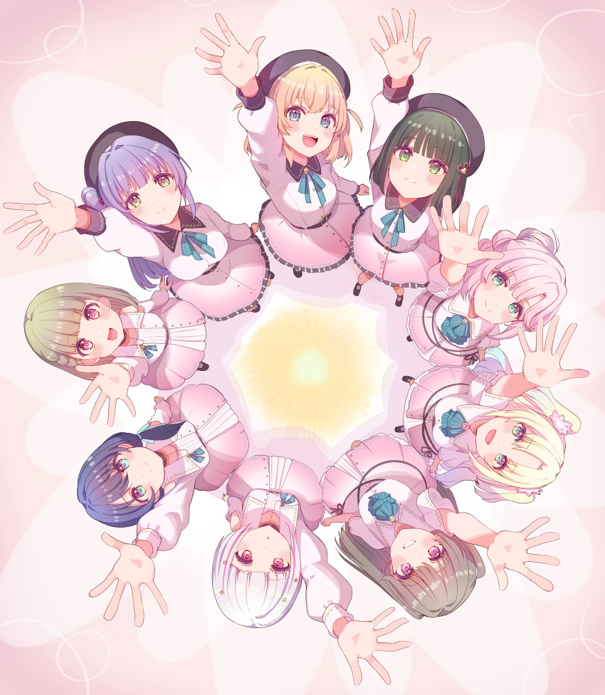 6+girls :d :o absurdres anyoji_hime aqua_ascot aqua_eyes aqua_ribbon arm_up beret black_beret black_choker black_hat blonde_hair blue_brooch blue_eyes blue_hair blue_ribbon blunt_bangs blunt_ends blush braid brown_hair center-flap_bangs choker circle_formation closed_mouth collared_dress colored_inner_hair commentary cream_(nipakupa) crossed_bangs dark_blue_hair dream_believers_(love_live!) dress english_commentary everyone flower flower_knot frilled_dress frills from_above fujishima_megumi gradient_hair green_brooch green_eyes green_hair grin hair_bun hair_flower hair_ornament hair_ribbon hat highres hinoshita_kaho kachimachi_kosuzu layered_dress light_blue_hair link!_like!_love_live! long_hair looking_at_viewer love_live! low_twintails medium_hair momose_ginko multi-tied_hair multicolored_hair multiple_girls murano_sayaka neck_ribbon open_clothes open_dress open_hand open_mouth orange_hair osawa_rurino otomune_kozue parted_bangs pink_background pink_brooch pink_dress pink_eyes pink_flower pink_hair pleated_dress ponytail purple_eyes purple_hair red_brooch red_eyes red_flower ribbon rotational_symmetry shadow short_hair side_braids side_ponytail sidelocks single_side_bun smile socks split_mouth straight_hair streaked_hair swept_bangs teeth twintails two_side_up upper_teeth_only virtual_youtuber white_brooch white_hair white_socks yellow_brooch yugiri_tsuzuri