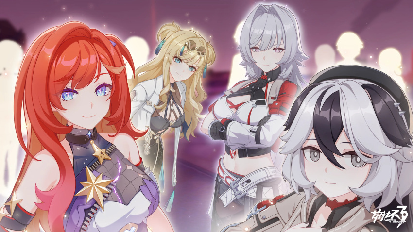 4girls bare_shoulders black_hair blonde_hair blue_eyes breasts cleavage closed_mouth copyright_name coralie_(honkai_impact) eyewear_on_head glasses grey_eyes grey_hair hair_between_eyes helia_(honkai_impact) highres honkai_(series) honkai_impact_3rd logo long_hair multicolored_hair multiple_girls navel official_art red_hair second-party_source senadina_(honkai_impact) smile songque_(honkai_impact) tassel two-tone_hair