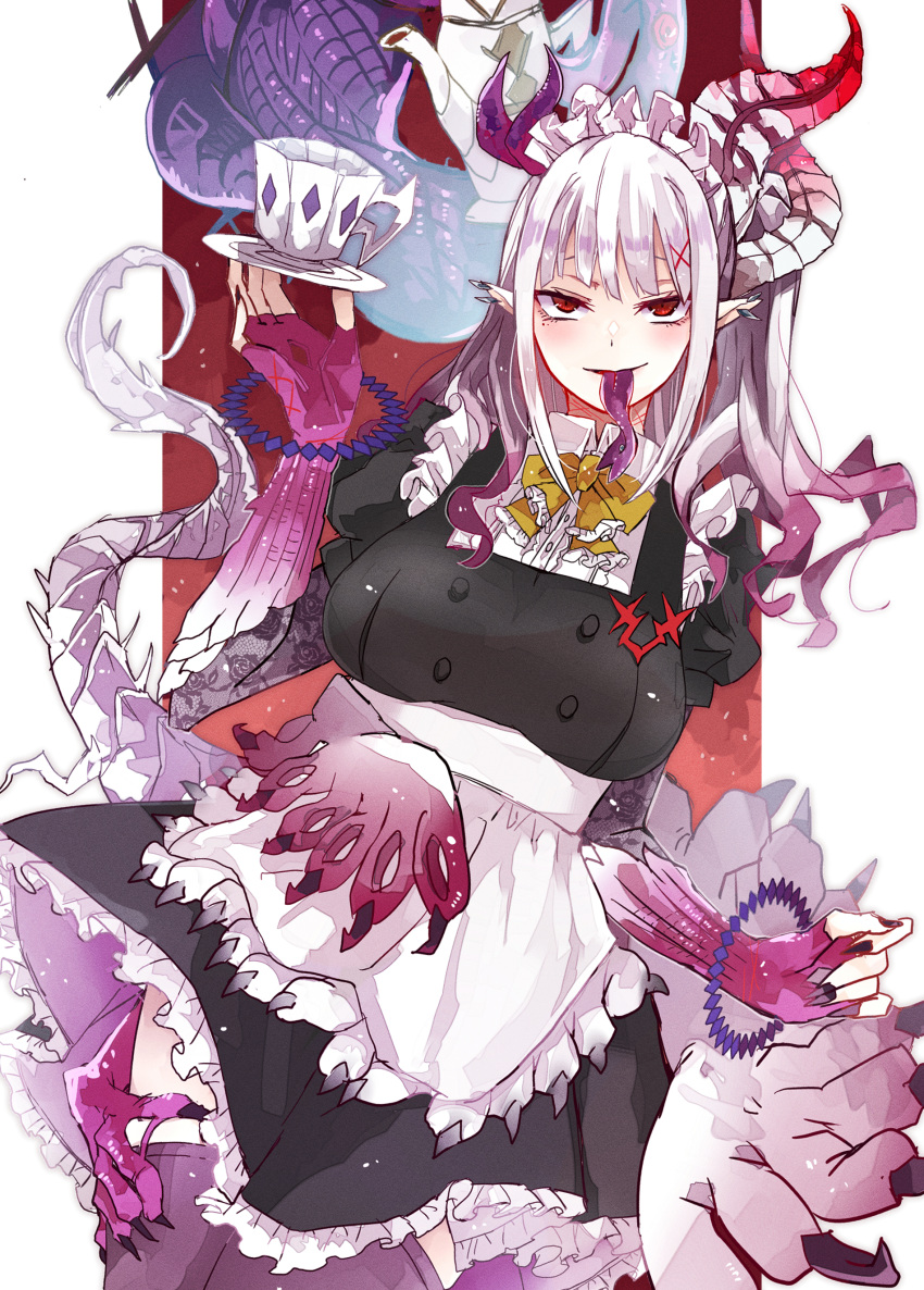 absurdres apron asymmetrical_horns black_dress bystial_dis_pater cup dragon_girl dragon_horns dragon_tail dress duel_monster dutch_angle extra_arms forked_tongue genderswap genderswap_(mtf) highres horns long_hair long_tongue looking_at_viewer maid_apron maid_headdress personification pointy_ears red_eyes surphase tail teacup tongue white_hair yu-gi-oh!