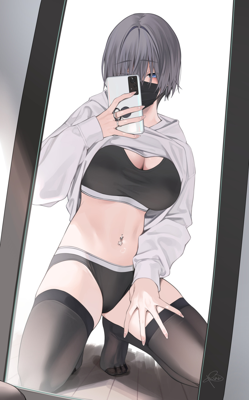 1girl absurdres black_panties blue_eyes blush breasts brown_thighhighs cellphone cleavage clothes_lift commentary_request grey_hair grey_hoodie hair_over_one_eye highres holding holding_phone hood hood_down hoodie hoodie_lift jewelry long_sleeves looking_at_viewer mask medium_breasts mirror mouth_mask navel navel_piercing original panties phone piercing puffy_long_sleeves puffy_sleeves reflection rerrere ring selfie short_hair signature sleeves_past_wrists solo sports_bra squatting thighhighs underwear wooden_floor