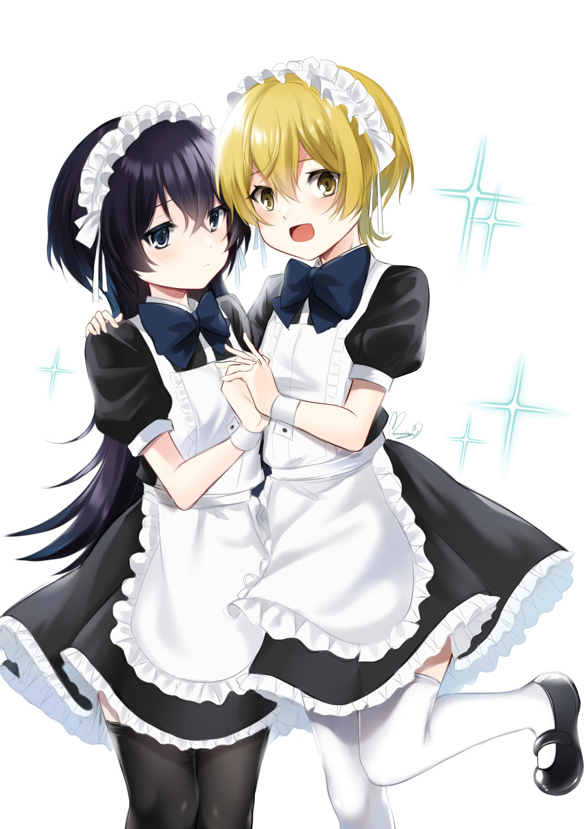 1boy 1girl :d absurdres alternate_costume alternate_hairstyle apron black_footwear black_hair black_thighhighs blonde_hair blue_bow blue_eyes blush bow bungou_stray_dogs crossdressing dress english_commentary enmaided freckles frilled_apron frilled_dress frills hair_between_eyes hand_on_another's_shoulder highres holding_hands izumi_kyouka_(bungou_stray_dogs) leg_up long_hair looking_at_viewer maid maid_apron maid_headdress mary_janes miyazawa_kenji_(bungou_stray_dogs) momoko_nico open_mouth puffy_short_sleeves puffy_sleeves shoes short_hair short_sleeves simple_background smile sparkle standing standing_on_one_leg thighhighs white_apron white_background white_thighhighs wrist_cuffs yellow_eyes