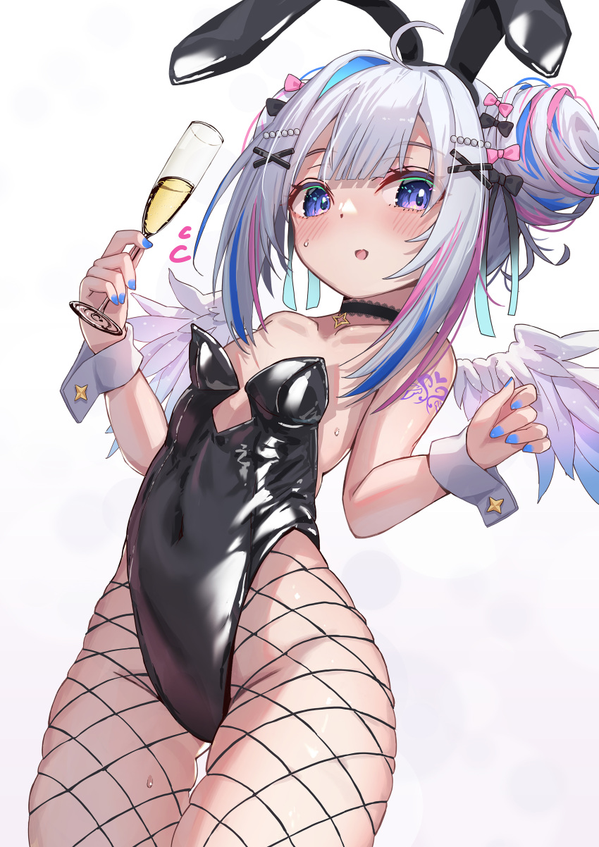 1girl absurdres ahoge amane_kanata angel_wings animal_ears arm_tattoo bare_shoulders black_bow black_choker blue_hair blue_nails blush bow choker collarbone commentary covered_navel cup double_bun drinking_glass fake_animal_ears feathered_wings fishnet_pantyhose fishnets flat_chest grey_hair hair_bow hair_bun hair_ornament hands_up highleg highleg_leotard highres holding holding_cup hololive juu_p leotard looking_at_viewer mini_wings multicolored_hair multiple_hair_bows open_mouth pantyhose pink_bow pink_hair playboy_bunny purple_eyes rabbit_ears short_hair_with_long_locks sidelocks simple_background single_hair_intake solo strapless strapless_leotard streaked_hair sweatdrop tattoo thighs virtual_youtuber white_background white_wrist_cuffs wings wrist_cuffs x_hair_ornament