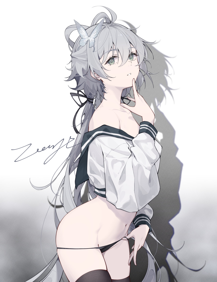 1girl absurdres ahoge artist_name bare_shoulders black_panties black_ribbon black_sailor_collar black_thighhighs butterfly_hair_ornament cowboy_shot finger_to_mouth from_side gradient_background grey_eyes grey_hair groin hair_between_eyes hair_ornament hair_ribbon hair_rings highres long_hair long_sleeves looking_at_viewer luo_tianyi navel off_shoulder panties parted_lips puffy_long_sleeves puffy_sleeves ribbon sailor_collar sailor_shirt shadow shirt signature silhouette string_panties thighhighs underwear very_long_hair vocaloid vsinger zoooyt