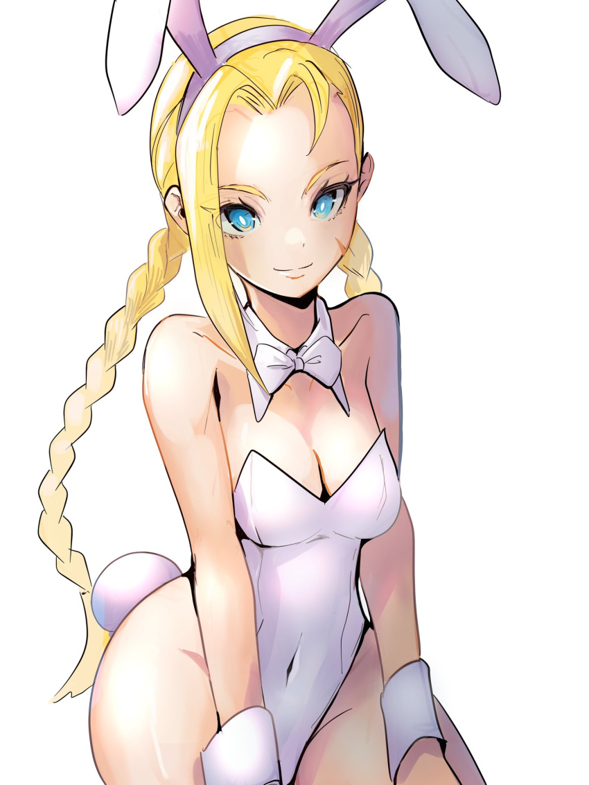 1girl animal_ears blonde_hair blue_eyes braid cammy_white detached_collar fake_animal_ears highleg highleg_leotard highres leotard long_hair looking_at_viewer meke_(77842928) playboy_bunny rabbit_ears rabbit_tail scar scar_on_cheek scar_on_face solo strapless strapless_leotard street_fighter tail twin_braids wrist_cuffs