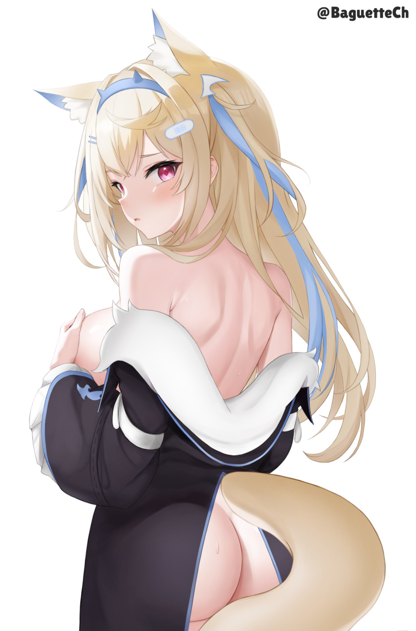 1girl animal_ear_fluff animal_ears ass baguette_(baguettech) bandaid bandaid_hair_ornament bare_shoulders black_jacket blonde_hair blue_hair blue_hairband breasts crossed_bangs dog_ears dog_girl dog_tail double-parted_bangs fake_horns fur-trimmed_jacket fur_trim fuwawa_abyssgard fuwawa_abyssgard_(1st_costume) hair_between_eyes hair_intakes hair_ornament hairband hairclip highres hololive hololive_english horns jacket large_breasts long_hair multicolored_hair open_mouth pink_eyes streaked_hair sweatdrop tail two_side_up virtual_youtuber white_background