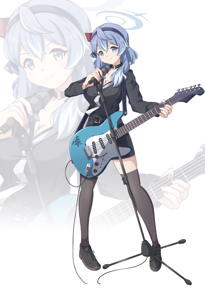 1girl ako_(blue_archive) alternate_costume belt black_choker black_footwear black_shirt black_skirt black_thighhighs blue_archive blue_eyes blue_hair breasts chibi choker collarbone collared_shirt commentary_request electric_guitar fender_stratocaster full_body guitar hair_between_eyes hairband halo highres holding holding_instrument holding_microphone instrument large_breasts long_hair long_sleeves looking_at_viewer microphone microphone_stand music nail_polish necktie pencil_skirt playing_instrument purple_nails shirt shoes sidelocks simple_background skirt sneakers solo standing thighhighs white_necktie yukimi_unagi zettai_ryouiki zoom_layer