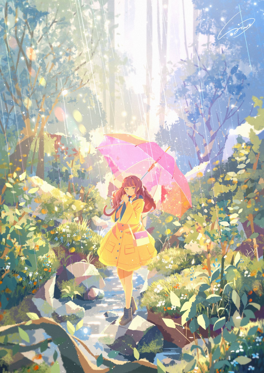 1girl atelier_umiyury bag black_footwear boots brown_hair commentary day flower forest full_body grass highres holding holding_umbrella long_hair long_sleeves nature original outdoors pink_umbrella rain river rock shoulder_bag signature solo tree umbrella walking yellow_raincoat