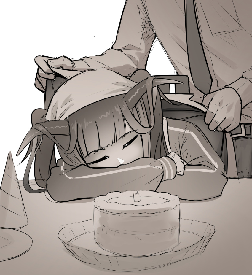 1boy 1girl birthday_cake blue_archive cake candle closed_eyes clothes_blanket covering_with_blanket food fuuka_(blue_archive) hair_between_horns hat head_scarf highres horns long_hair long_sleeves necktie no_halo party_hat plate scarf senpaihawkkun sensei_(blue_archive) shirt sitting sleeping sleeping_on_desk table