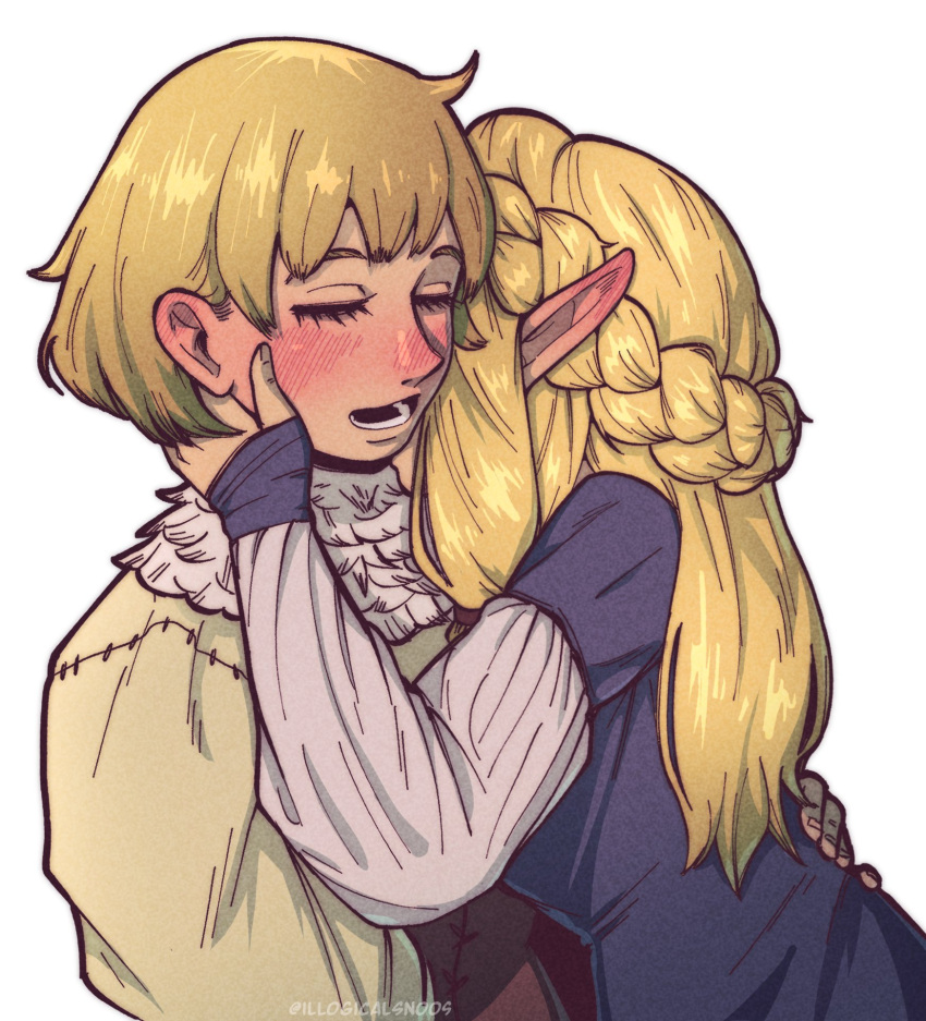 2girls blonde_hair braid closed_eyes dungeon_meshi english_commentary falin_touden feathers highres illogical_snoos kiss kissing_neck long_hair lower_teeth_only marcille_donato multiple_girls open_mouth pointy_ears short_hair simple_background teeth white_background yuri