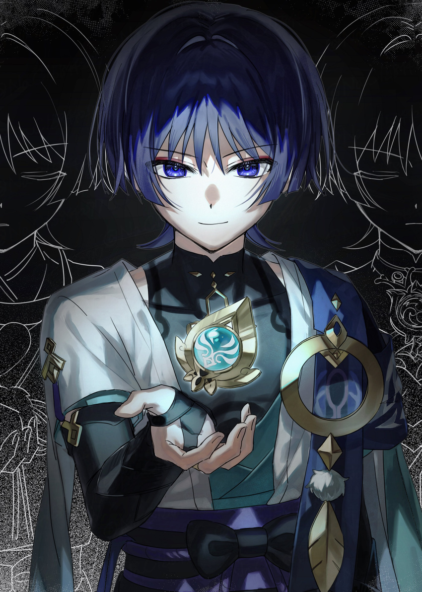 1boy absurdres belt black_background black_belt black_bow black_gloves black_shirt blue_cape blue_eyes blue_gemstone blue_hair blunt_ends bow cape closed_mouth covered_collarbone dark_blue_hair elbow_gloves eyeshadow fingerless_gloves fingernails gem genshin_impact gloves gnosis_(genshin_impact) gold_necklace gold_trim hair_between_eyes hand_up highres jewelry looking_at_viewer makeup male_focus mandarin_collar mitsudomoe_(shape) multiple_persona nacl5844277 necklace no_headwear open_clothes open_vest pom_pom_(clothes) purple_belt red_eyeshadow scaramouche_(genshin_impact) scaramouche_(kabukimono)_(genshin_impact) shirt short_hair short_sleeves simple_background sleeveless sleeveless_shirt smile solo standing tomoe_(symbol) v-shaped_eyebrows vest vision_(genshin_impact) wanderer_(genshin_impact) white_vest