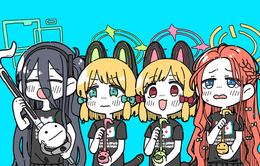 4girls animal_ear_headphones animal_ears aris_(blue_archive) black_hair black_shirt blonde_hair blue_archive blue_background blue_eyes closed_eyes commentary_request fake_animal_ears forehead ganbarutoufu green_eyes halo headphones highres instrument long_hair midori_(blue_archive) momoi_(blue_archive) multiple_girls orange_hair print_shirt red_eyes shirt short_sleeves t-shirt upper_body very_long_hair yuzu_(blue_archive)