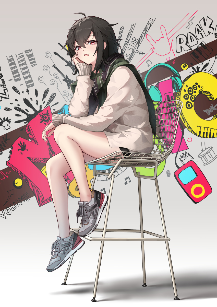 1girl absurdres ahoge arm_support bare_legs black_hair black_shorts cape chair commentary commentary_request digital_media_player drum drumsticks electric_guitar english_text fang full_body gradient_background graffiti green_cape guitar hand_on_own_face hand_on_own_knee hand_up hanging_legs headphones highres instrument ipod keyboard_(instrument) lightning_bolt_symbol looking_at_viewer medium_hair messy_hair mohawk musical_note on_chair open_mouth original red_eyes shoes shorts sidelocks sitting skin_fang sneakers solo tongue zoooyt