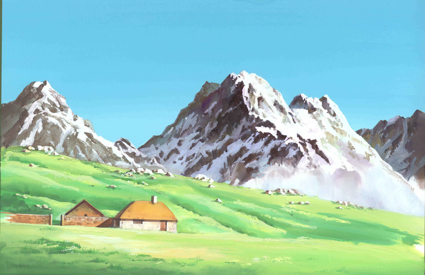 blue_sky calligraphy_brush_(medium) commentary_request day fence field grass highres house howl_no_ugoku_shiro mountain no_humans outdoors rock scenery sky traditional_media