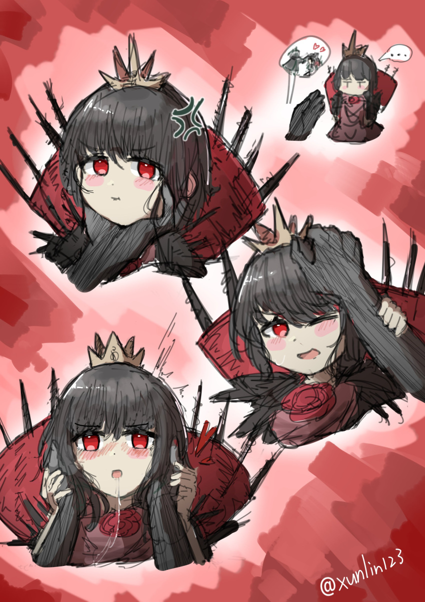 ... 1girl absurdres after_kiss black_hair black_souls blush crown hand_on_another's_head headpat heart highres looking_at_viewer mini_crown open_mouth out_of_frame petting red_eyes saliva saliva_trail short_hair xunlin123