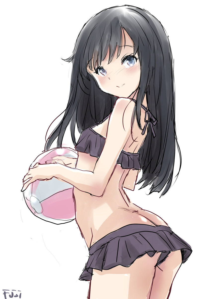 1girl alternate_color asashio_(kancolle) ball beachball bikini bikini_skirt black_bikini black_hair breasts butt_crack commentary_request cosplay fuji_(pixiv24804665) highres holding holding_ball kantai_collection kasumi_(kancolle) kasumi_(kancolle)_(cosplay) kasumi_kai_ni_(swimsuit_mode)_(kancolle) long_hair simple_background small_breasts smile solo swimsuit white_background