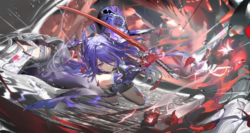 1girl absurdres acheron_(honkai:_star_rail) black_choker black_gloves black_shorts blood blood_from_eyes bone chain chinese_commentary choker coat coattails commentary_request detached_sleeves flower gloves gradient_hair hair_over_one_eye highres holding holding_sword holding_weapon honkai:_star_rail honkai_(series) huming0929 leg_tattoo long_hair multicolored_hair purple_eyes purple_hair red_flower short_shorts shorts single_bare_shoulder skeleton solo sparks streaked_hair sword tattoo water water_drop weapon white_coat white_hair