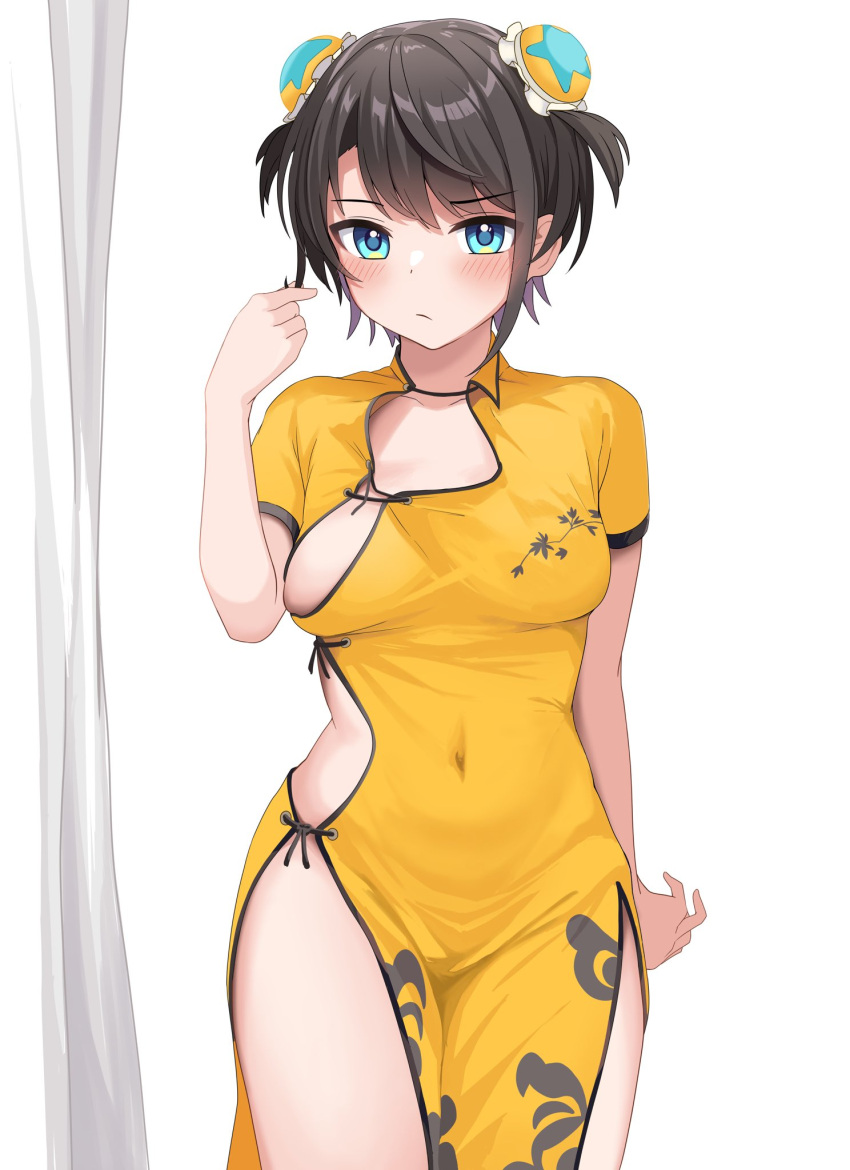 1girl alternate_costume aqua_eyes breasts brown_hair china_dress chinese_clothes collarbone covered_navel curtains dress highres hololive looking_at_viewer medium_breasts oozora_subaru short_hair simple_background solo tihirowo two_side_up virtual_youtuber white_background