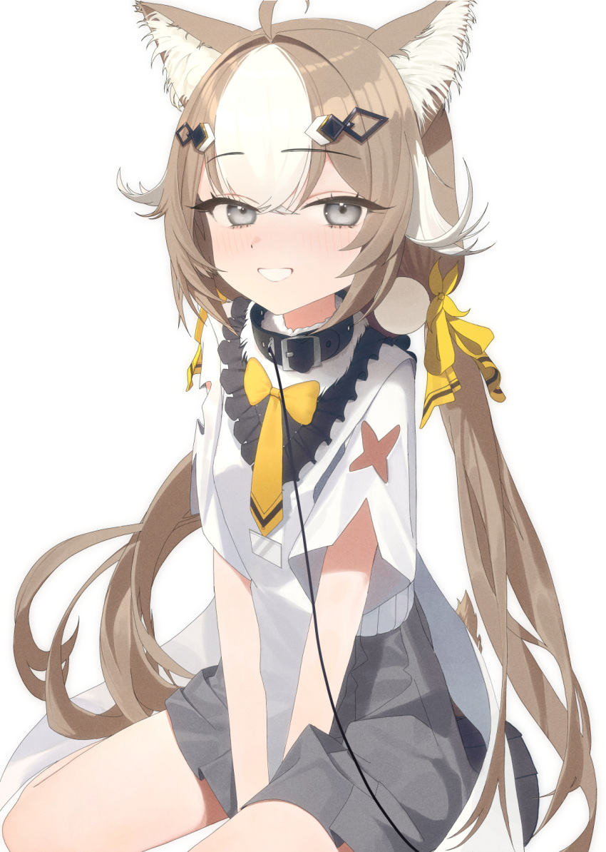 1girl ahoge animal_collar animal_ears black_collar blush bow bowtie brown_hair collar commentary commission girls'_frontline girls'_frontline_neural_cloud grey_eyes grey_skirt hair_ornament hair_ribbon hannah_(neural_cloud) highres long_hair looking_at_viewer multicolored_hair necktie parted_lips ribbon simple_background sitting skirt smile streaked_hair twintails white_background white_hair wonjang yellow_bow yellow_bowtie yellow_necktie yellow_ribbon
