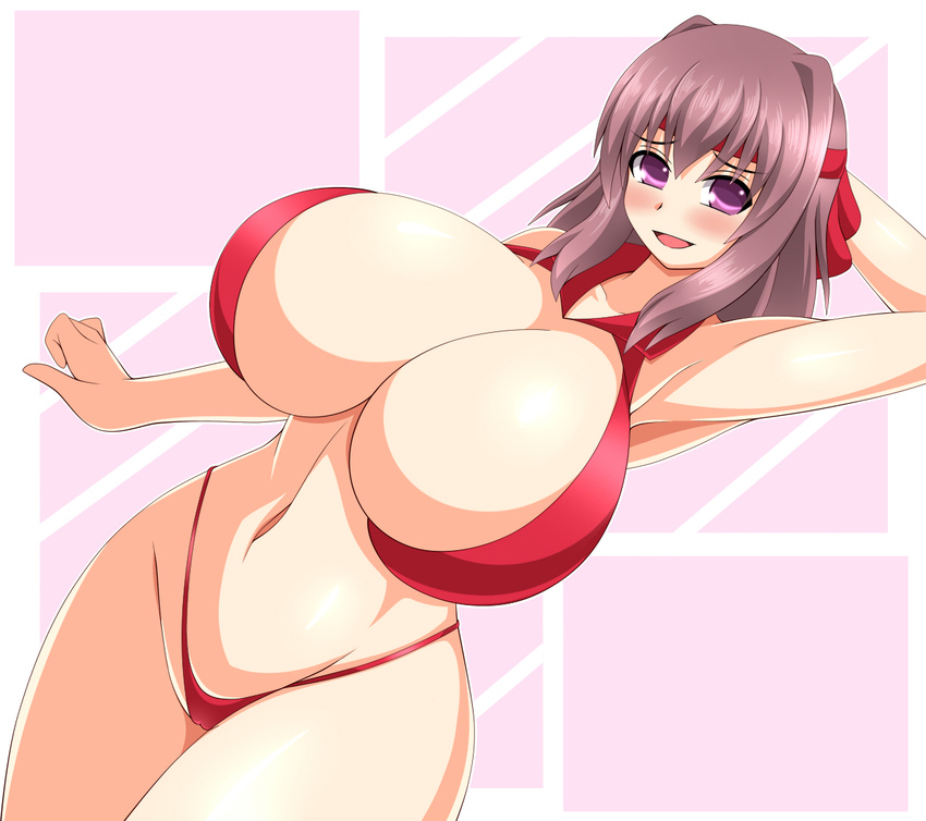 1girl 60 armpits bikini blush breasts brown_hair cameltoe cleavage curvy embarrassed female girls_und_panzer hair_ornament hair_ribbon hand_behind_head highleg huge_breasts kondou_taeko long_hair looking_at_viewer mound_of_venus navel parted_lips purple_eyes red_bikini red_swimsuit ribbon simple_background solo standing swimsuit thick_thighs wide_hips