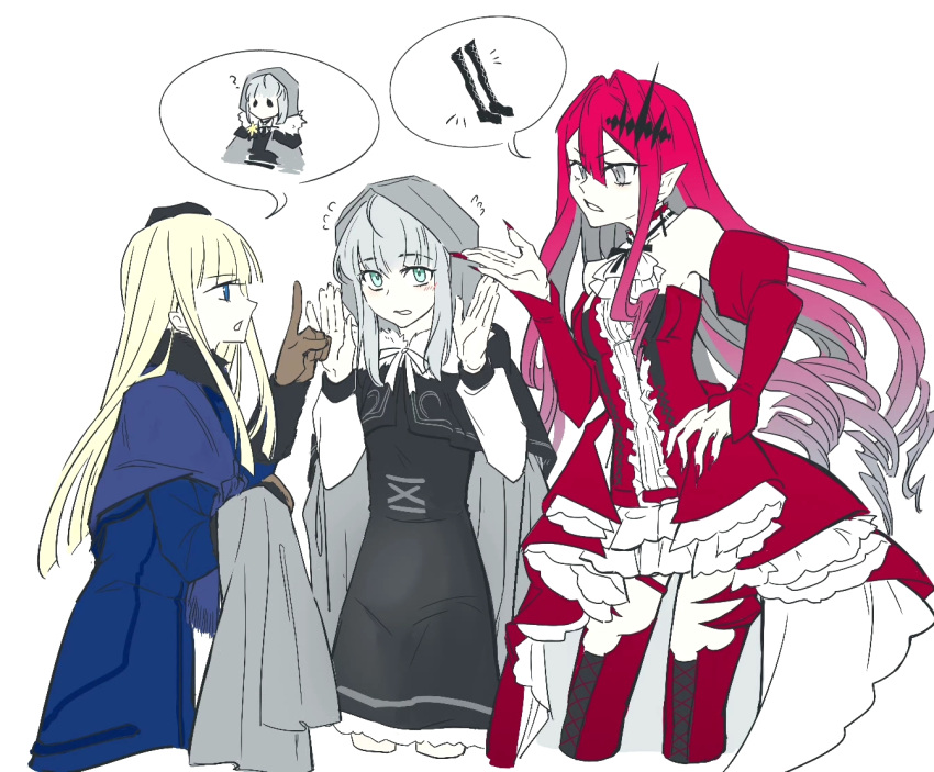 3girls ascot baobhan_sith_(fate) blonde_hair blush boots breasts brown_gloves cloak cowboy_shot cropped_legs ddd_itsuki fate_(series) fur_collar gloves gray_(fate) grey_background grey_hair hair_between_eyes hand_on_own_hip hand_up hood hood_up juliet_sleeves long_hair long_sleeves lord_el-melloi_ii_case_files multiple_girls nail_polish neck_ribbon pointy_ears puffy_sleeves red_hair red_nails red_thighhighs reines_el-melloi_archisorte ribbon simple_background small_breasts speech_bubble teeth thigh_boots thighhighs white_ascot white_ribbon