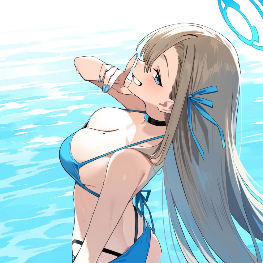 1girl alternate_costume asuna_(blue_archive) bare_shoulders bikini black_choker blue_archive blue_bikini blue_eyes blue_halo blue_nails blue_ribbon blush breasts choker cleavage commentary day finger_to_mouth fingernails from_side hair_ribbon halo highres index_finger_raised large_breasts long_fingernails looking_at_viewer mole mole_on_breast nail_polish ribbon shushing sideways_glance smile solo swimsuit upper_body wading xiaoxiao_de_kuangsan