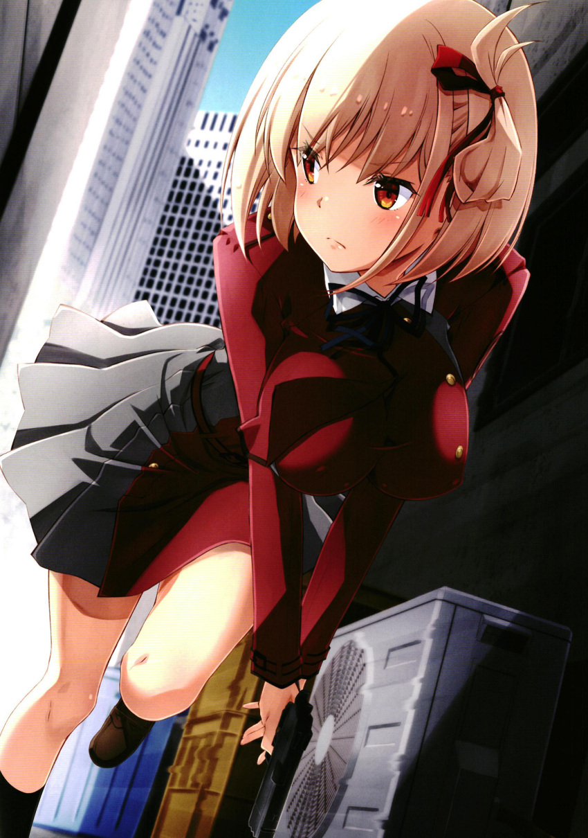 1girl blonde_hair blush breasts building closed_mouth gun hair_ribbon handgun highres holding holding_gun holding_weapon izumi_mahiru large_breasts looking_back lycoris_recoil miniskirt nishikigi_chisato non-web_source orange_eyes outdoors ribbon running school_uniform short_hair skirt sky solo weapon