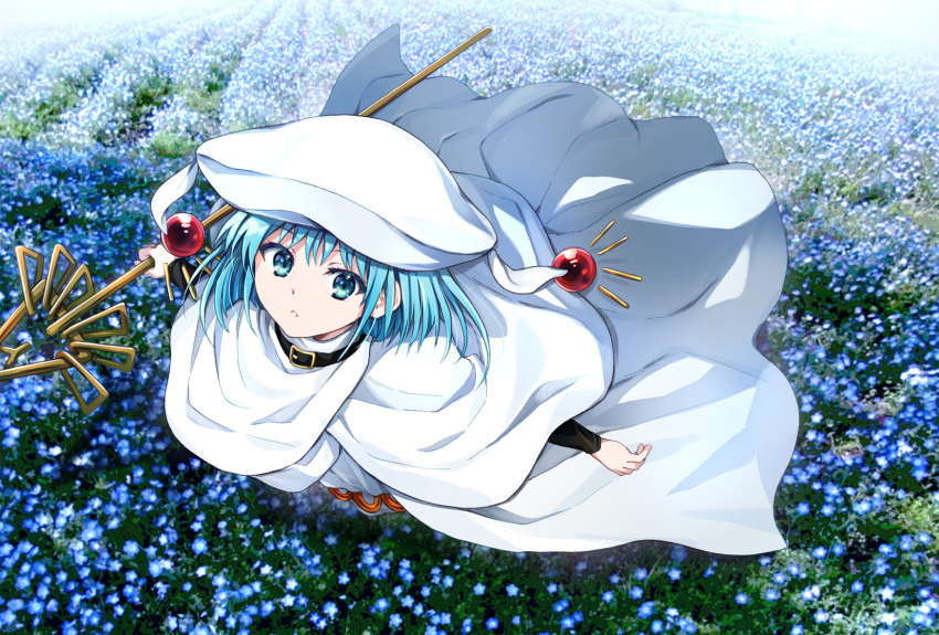 1girl blue_eyes blue_flower blue_hair capelet cloak commentary_request day flower flying full_body hat hecate_(shakugan_no_shana) highres holding holding_staff long_sleeves looking_at_viewer outdoors parted_lips robe shakugan_no_shana solo staff tachitsu_teto white_capelet white_cloak white_hat white_robe