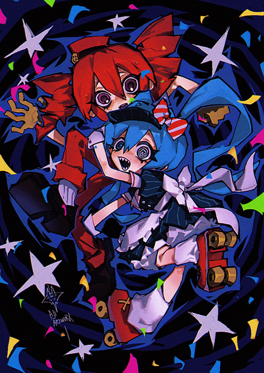 2girls @_@ abstract_background absurdres aji_(groongloon) black_footwear blue_dress blue_eyes blue_hair bow breasts confetti dress drill_hair hair_bow hatsune_miku highres kasane_teto long_hair looking_at_viewer mesmerizer_(vocaloid) multiple_girls open_mouth pants pink_eyes pinstripe_dress pinstripe_hat pinstripe_pattern puffy_short_sleeves puffy_sleeves red_hair red_pants roller_skates scared sharp_teeth shoes short_sleeves skates smile sparkle striped_bow sweat teeth twin_drills twintails utau visor_cap vocaloid waitress white_leg_warmers wrist_cuffs