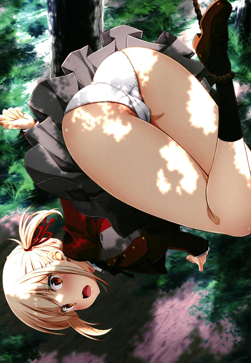 1girl ass blonde_hair blush cameltoe crotch forest hair_ribbon highres izumi_mahiru looking_at_viewer lycoris_recoil miniskirt nature nishikigi_chisato non-web_source open_mouth orange_eyes outdoors panties ribbon school_uniform short_hair skirt solo underwear white_panties