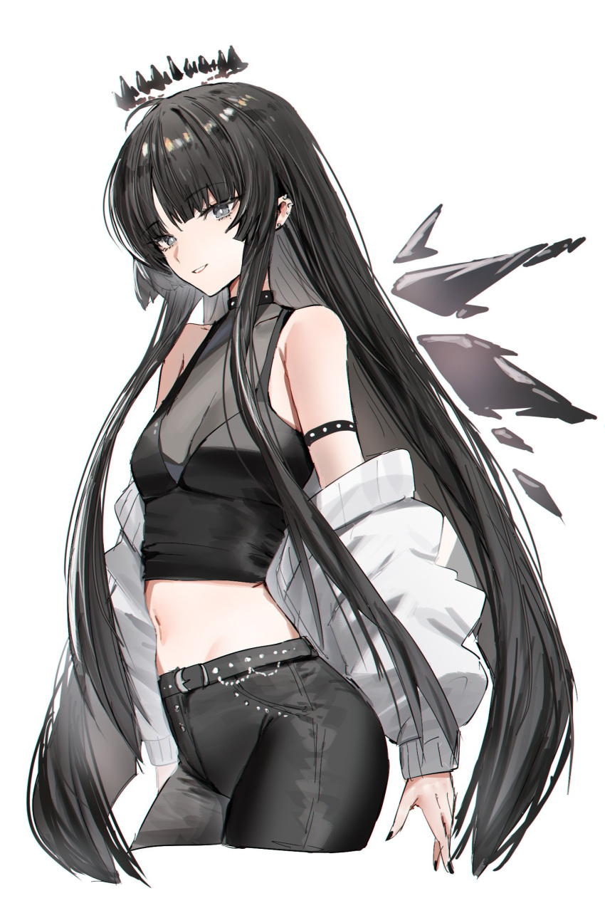 1girl arknights bare_shoulders black_hair black_halo black_nails black_pants black_wings breasts bright_pupils cleavage commentary_request crop_top ear_piercing energy_wings grey_eyes halo highres horn/wood jacket long_hair long_sleeves looking_at_viewer medium_breasts midriff mole mole_under_eye nail_polish navel off_shoulder pants piercing puffy_long_sleeves puffy_sleeves see-through see-through_cleavage simple_background solo virtuosa_(arknights) white_background white_jacket white_pupils wings