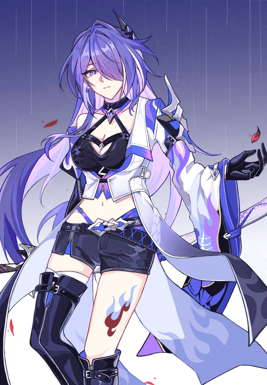 1girl acheron_(honkai:_star_rail) asymmetrical_footwear black_choker black_gloves black_shorts boots breasts chain choker cleavage coat coattails detached_sleeves falling_petals gloves hair_over_one_eye highres honkai:_star_rail honkai_(series) leg_tattoo long_hair midriff multicolored_hair navel petals purple_eyes purple_hair rain scabbard sheath sheathed short_shorts shorts single_bare_shoulder solo stomach streaked_hair sword tattoo thigh_boots weapon white_coat yigujingyuan268