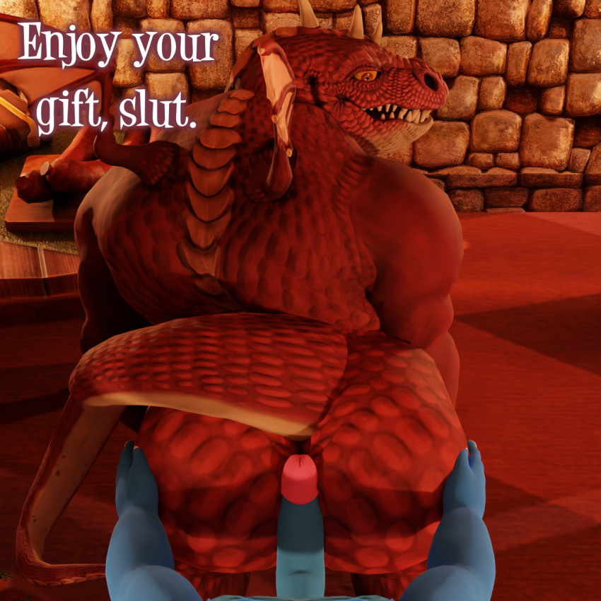 2022 3d_(artwork) albalbalb alby_(albalbalb) anthro big_butt blue_body blue_scales book butt carpet digital_media_(artwork) dragon duo english_text food furniture giana_sisters gurglewocky_(giana_sisters) hi_res horn inside looking_back male male/male meat muscular muscular_anthro muscular_male mythological_creature mythological_scalie mythology penis_between_buttocks red_body red_eyes red_scales sausage scales scalie smile table tail tan_body tan_scales teeth_showing text wall_(structure) wings yellow_eyes