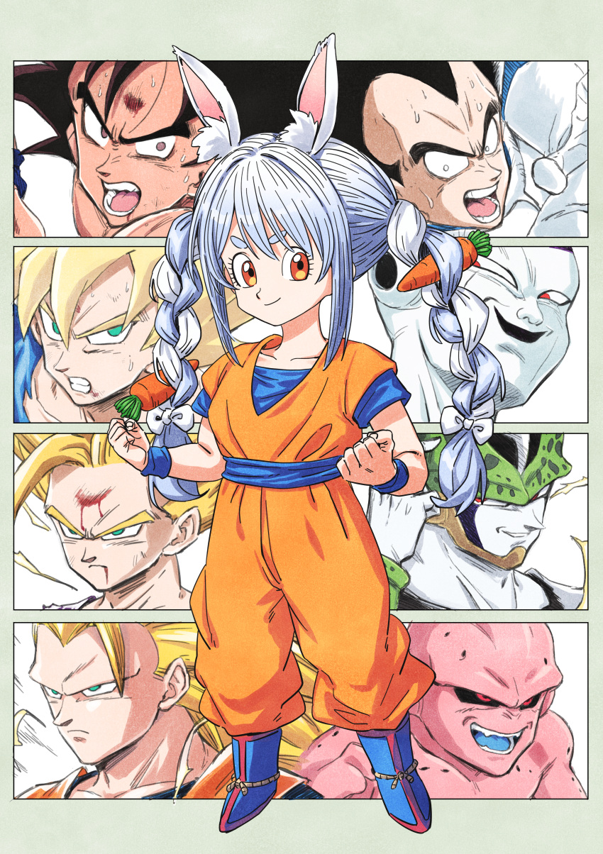 absurdres animal_ears aura black_hair black_sclera blonde_hair blood blood_from_mouth blood_on_face blue_footwear blue_hair blue_sash blue_shirt boots braid carrot_hair_ornament cell_(dragon_ball) colored_sclera colored_skin cosplay dougi dragon_ball dragon_ball_z food-themed_hair_ornament frieza g9_(jiiku) green_eyes hair_ornament highres hololive kamehameha_(dragon_ball) kid_buu long_hair majin_buu medium_hair mixed-language_commentary no_eyebrows orange_eyes orange_pants orange_shirt pants pink_skin rabbit_ears rabbit_girl red_eyes sash shirt short_sleeves son_gohan son_goku son_goku_(cosplay) spiked_hair super_saiyan super_saiyan_1 super_saiyan_2 super_saiyan_3 twin_braids usada_pekora vegeta white_hair white_skin