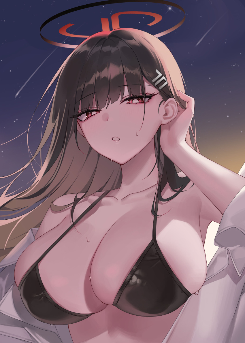 1girl absurdres bare_shoulders bikini black_bikini black_hair black_halo blue_archive breasts bright_pupils cleavage collarbone commentary_request hair_ornament hairpin halo highres korean_commentary large_breasts long_hair night night_sky off_shoulder raki_kr red_eyes rio_(blue_archive) shirt sky solo swimsuit white_pupils white_shirt