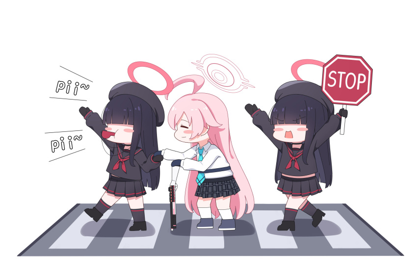 3girls ahoge beretta_1301 black_footwear black_gloves black_sailor_collar black_serafuku black_skirt black_socks blowing_whistle blue_archive blue_necktie blunt_bangs blush_stickers clone collared_shirt commentary crosswalk english_commentary faceless faceless_female full_body gloves gun hair_between_eyes halo hat highres holding holding_gun holding_weapon hoshino_(blue_archive) justice_task_force_member_(blue_archive) kneehighs long_hair long_sleeves looking_at_another looking_at_viewer multiple_girls neckerchief necktie pink_hair plaid plaid_skirt pleated_skirt red_neckerchief road_sign sailor_collar school_hat school_uniform serafuku shirt shoes shoulder_strap sidelocks sign signpost simple_background skirt socks stop_sign stryx walking weapon white_shirt white_socks