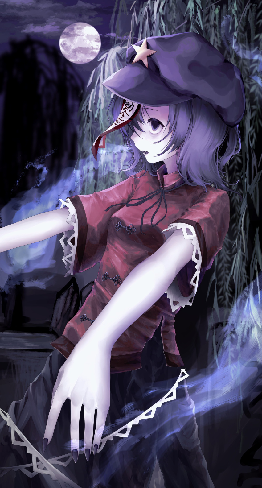 absurdres black_nails black_ribbon black_skirt breasts cabbie_hat chinese_clothes empty_eyes fingernails fog full_moon hat hat_ornament highres hitodama jiangshi lace-trimmed_sleeves lace_trim medium_hair miyako_yoshika moon neck_ribbon ofuda outstretched_arms purple_eyes purple_hair red_shirt ribbon shirt short_sleeves skirt small_breasts star_(symbol) star_hat_ornament t_terano tangzhuang touhou willow zombie_pose