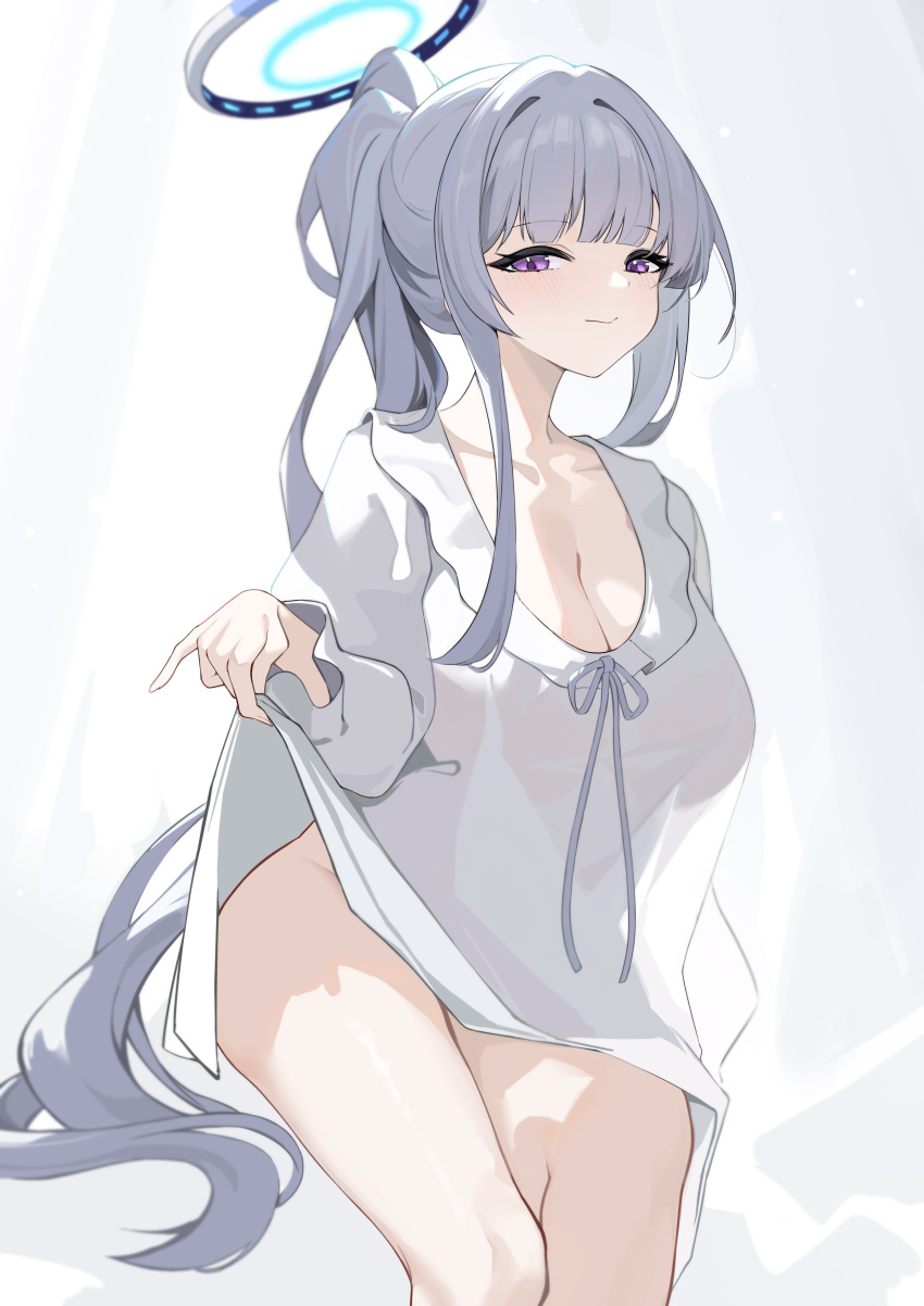1girl absurdres blue_archive breasts chinoryuu cleavage collarbone halo highres long_hair mechanical_halo nightgown noa_(blue_archive) ponytail purple_eyes silhouette simple_background sleepwear solo white_background white_halo