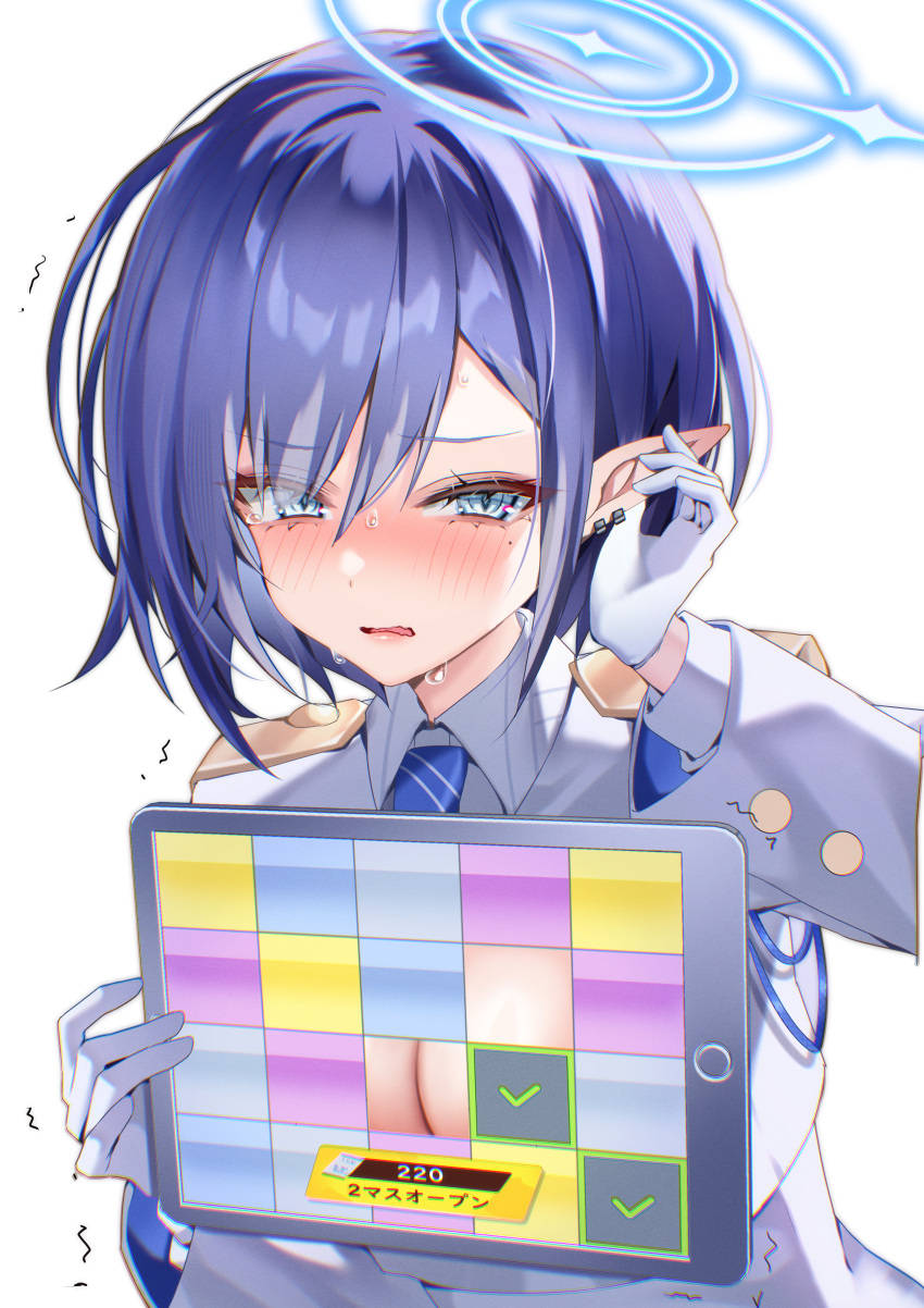 1girl absurdres aiguillette aoi_(blue_archive) blue_archive blue_eyes blue_halo blue_necktie blush breasts chierishu chromatic_aberration cleavage collared_shirt ear_blush earrings gameplay_mechanics gloves hair_between_eyes halo hand_on_own_ear highres holding holding_tablet_pc interface_censor jacket jewelry large_breasts long_sleeves looking_at_viewer mole mole_under_eye necktie pointy_ears purple_hair shirt short_hair shoulder_boards simple_background sweat tablet_pc tearing_up trembling upper_body wavy_mouth white_background white_gloves white_jacket white_shirt