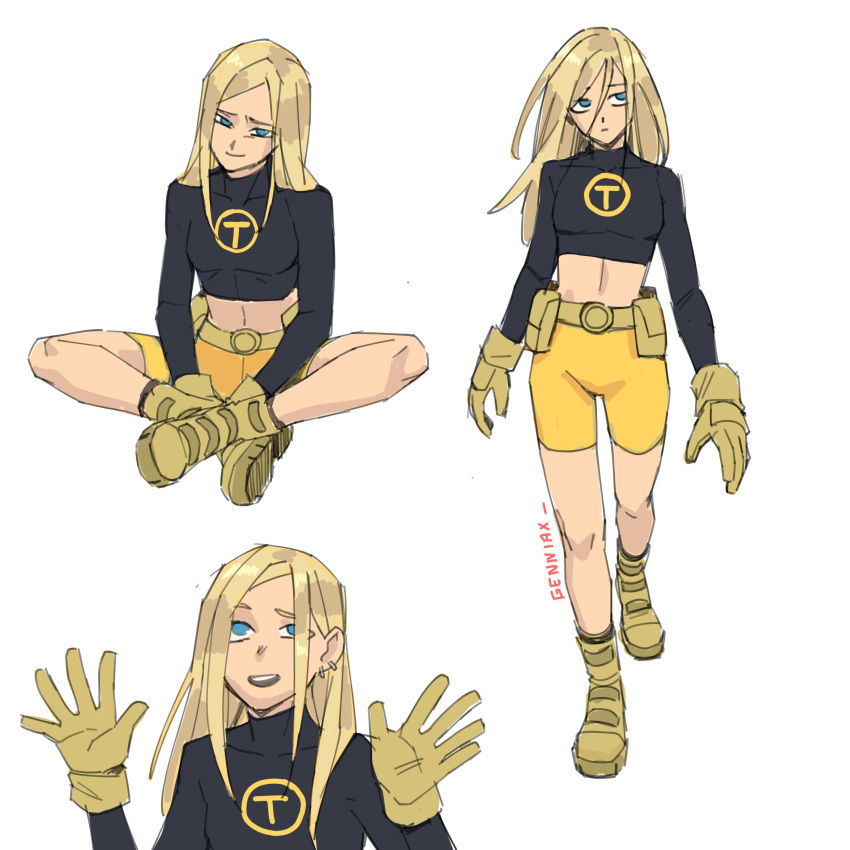 1girl absurdres artist_name belt blonde_hair blue_eyes brown_gloves cropped_shirt dc_comics gloves highres jenxd_d long_hair midriff shorts simple_background solo teen_titans terra_(dc) utility_belt yellow_shorts