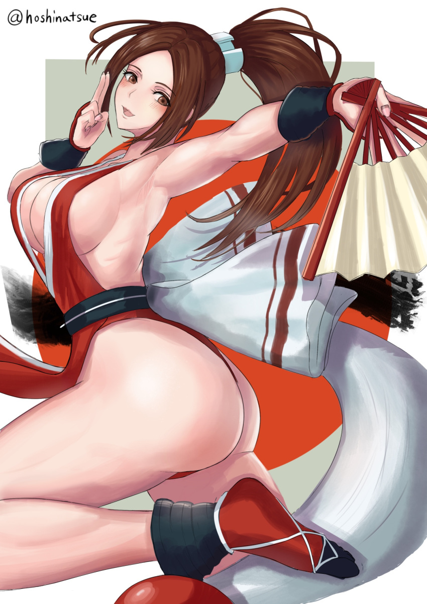 1girl :d arm_guards armpits ass back bare_shoulders blush border breasts brown_eyes brown_hair cleavage commentary_request fatal_fury folding_fan hand_fan high_ponytail highres holding holding_fan hoshinatsue japanese_clothes large_breasts legs long_hair looking_at_viewer ninja pelvic_curtain ponytail revealing_clothes shiranui_mai smile solo tabi the_king_of_fighters the_king_of_fighters_xv thighs twitter_username white_border