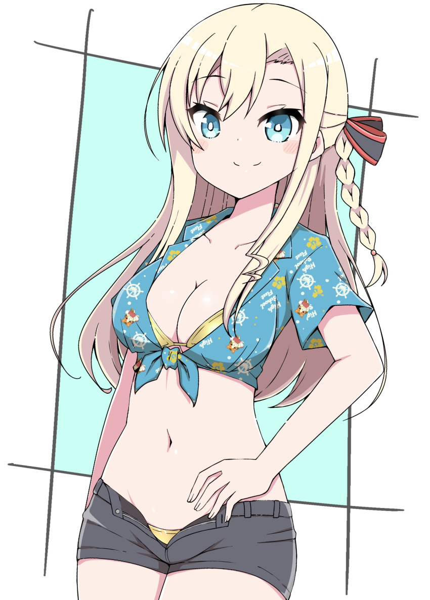 1girl absurdres bikini black_shorts blonde_hair blue_eyes braid breasts cleavage collarbone hand_on_own_hip high_school_fleet highres long_hair medium_breasts midorima_bocchi navel open_fly shirt short_shorts shorts single_braid solo swimsuit tied_shirt wilhelmina_braunschweig_ingenohl_friedeburg yellow_bikini