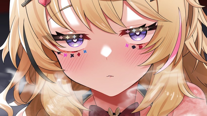 1girl bare_shoulders blonde_hair blush bow bowtie close-up commentary_request commission facial_mark hair_ornament hairclip half-closed_eyes halter_shirt halterneck heart heart-shaped_pupils highres hololive long_hair looking_at_viewer multicolored_hair omaru_polka omaru_polka_(1st_costume) parted_lips pink_hair playing_card_theme purple_eyes red_bow red_bowtie seductive_smile shoulder_blush skeb_commission smile solo steaming_body streaked_hair sui_hi_sf symbol-shaped_pupils traditional_bowtie virtual_youtuber