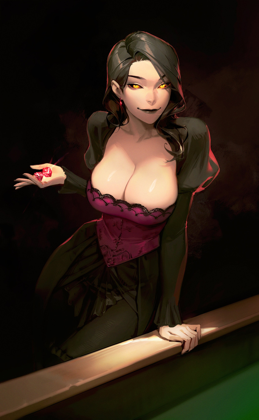 1girl absurdres black_hair breasts cleavage collarbone copyright_request dice dress earrings highres jewelry large_breasts limart lipstick long_hair long_sleeves looking_at_viewer makeup smile solo tagme yellow_eyes